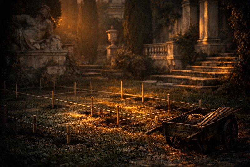 A garden marked out with temporary wooden stakes and string rather than stone borders, several stakes freshly repositioned over pale flattened-grass outlines of an earlier layout, a handcart of spare stakes at the edge.