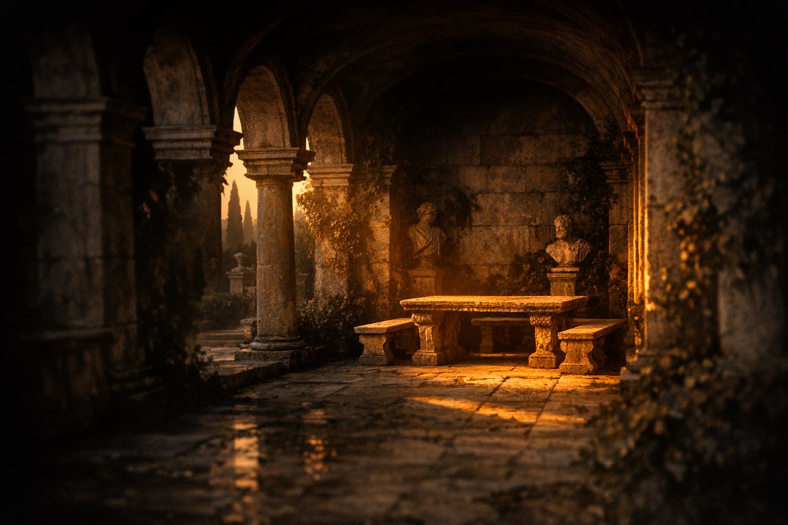 An empty stone loggia with deep arches, a carved table and benches at the far end catching the last light.