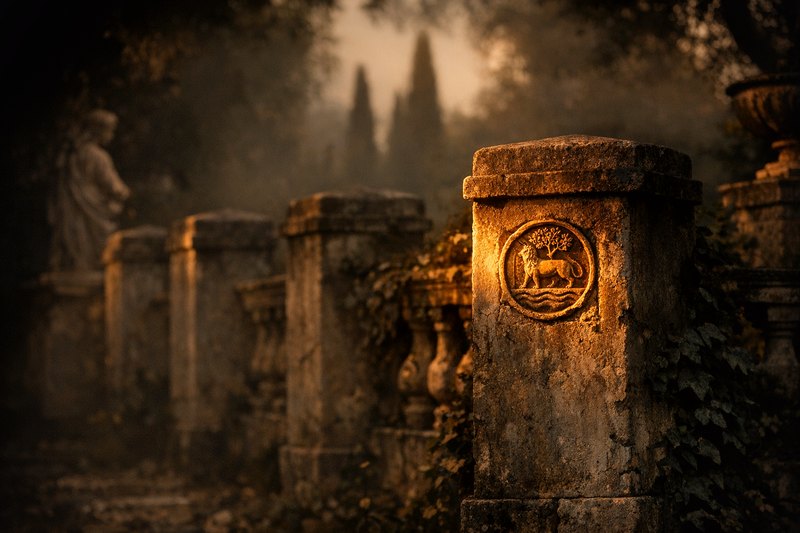 A row of plain stone gateposts, most bare, one fitted with a small carved seal set into its face, catching direct light while the rest of the post is in shadow.
