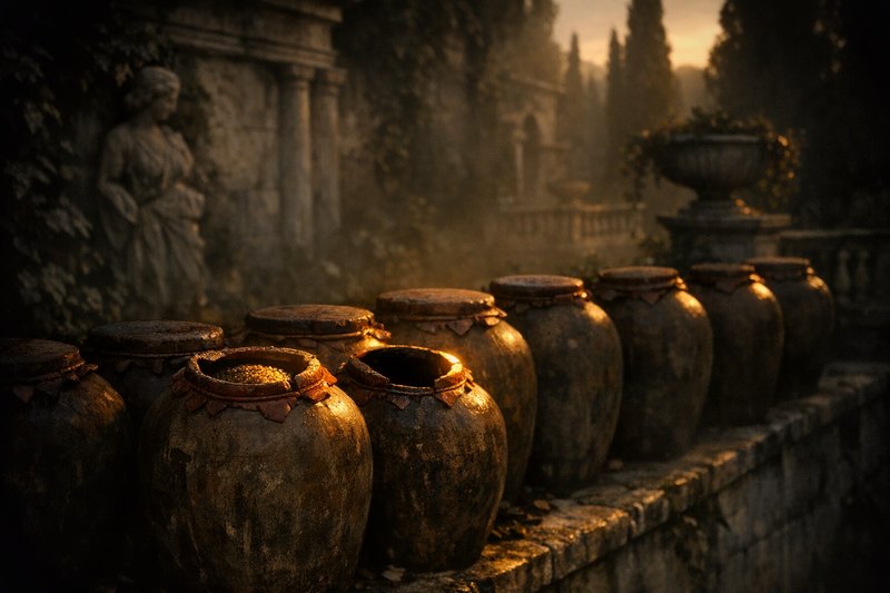 A row of sealed clay storage jars along a garden wall, identical in shape and sealing, two cracked open to show very different fill levels inside.