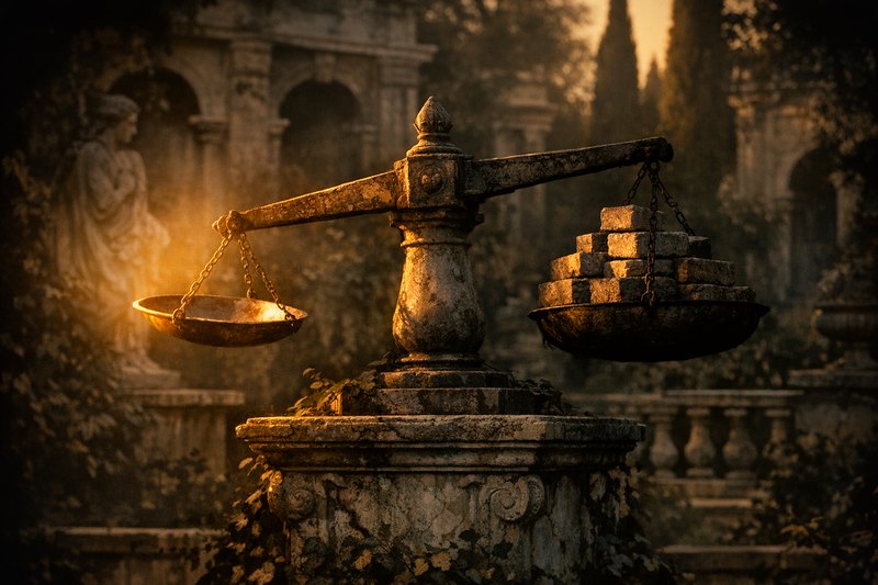 A weathered stone balance scale with unevenly loaded bronze pans, the beam tilted hard toward the stacked side, low sun catching the empty pan while the loaded one sits in shadow.