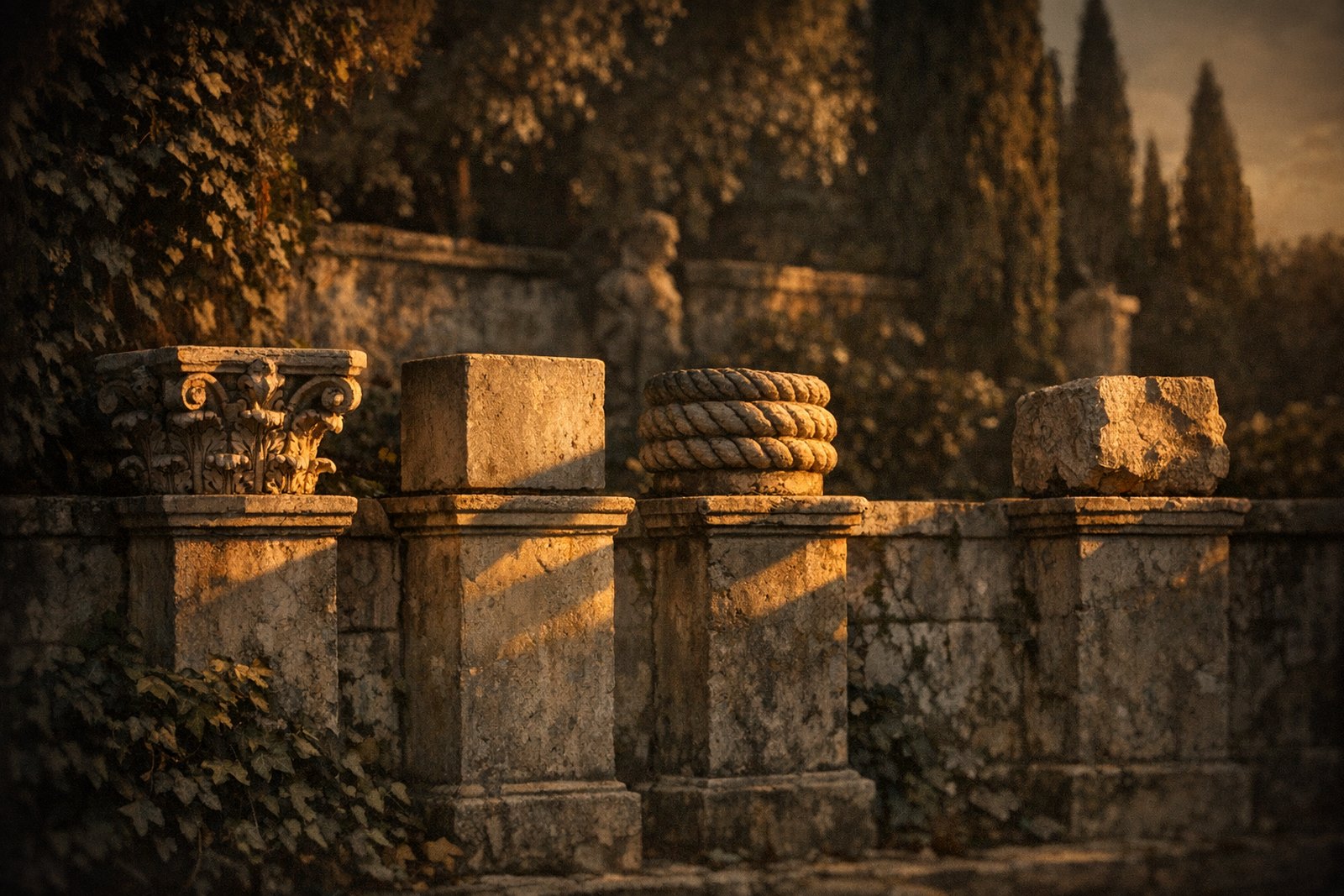 A row of identical stone plinths topped with four completely different capitals — carved acanthus, plain block, coiled rope, raw unfinished stone — each casting a distinct shadow.