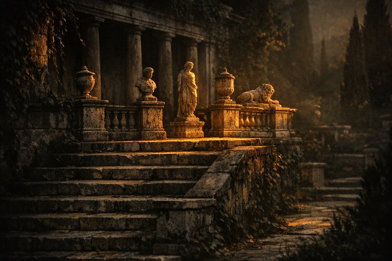 Worn stone steps rising to a colonnade, a row of carved plinths on the landing catching low golden light.