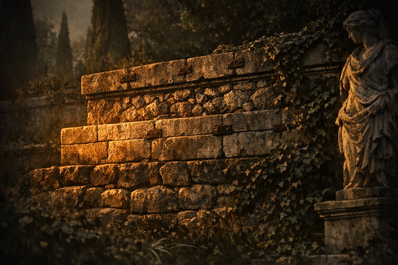 A retaining wall built in four distinct courses of masonry, each in a different technique, all bearing the same load under low light.