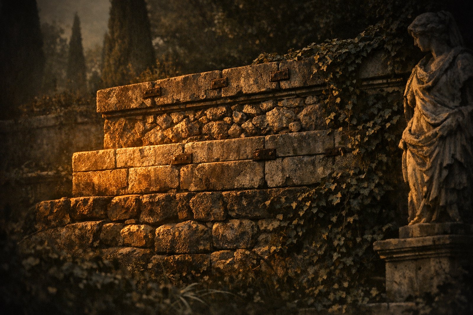 A retaining wall built in four distinct courses of masonry, each in a different technique, all bearing the same load under low light.