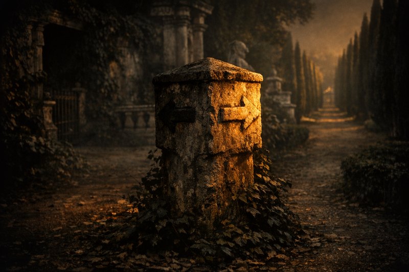 A stone waymarker at a fork in a garden path, one weathered face pointing down a long formal avenue lined with matched trees, the other toward a distant gate, low light catching only the near face.