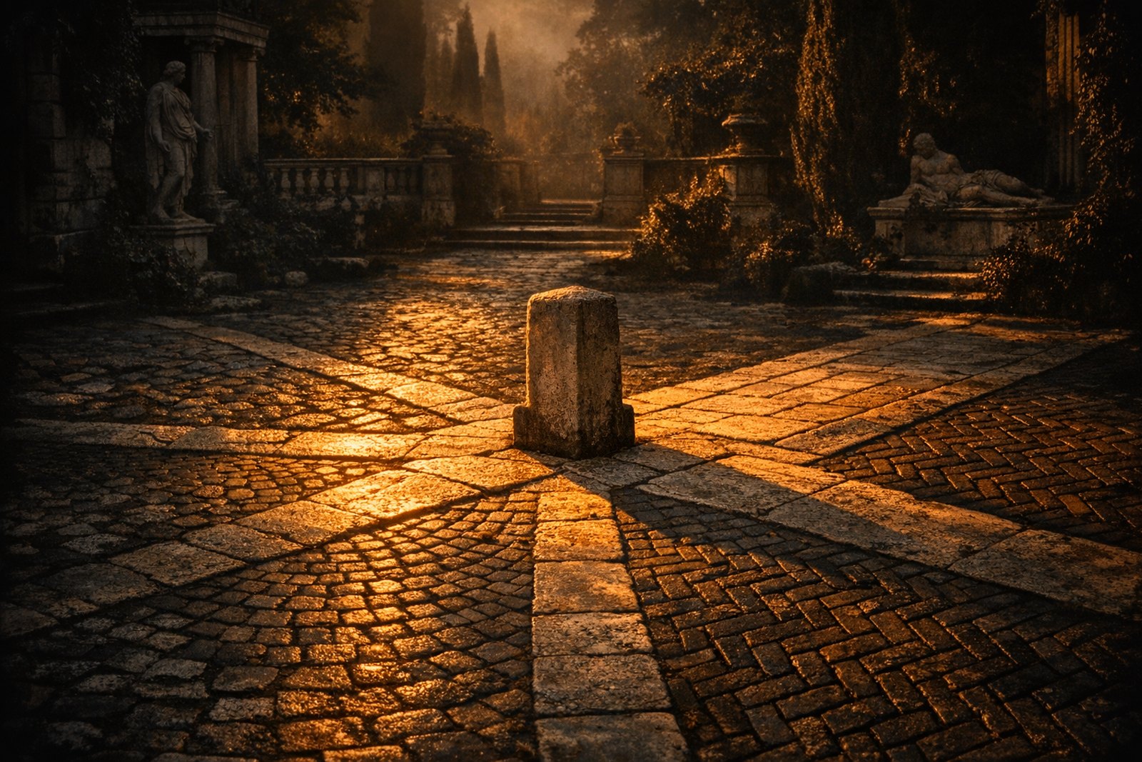 A stone crossroads where four differently paved paths converge on a plain, uncarved marker post, each path's distinct paving catching the light differently as it recedes into shadow.