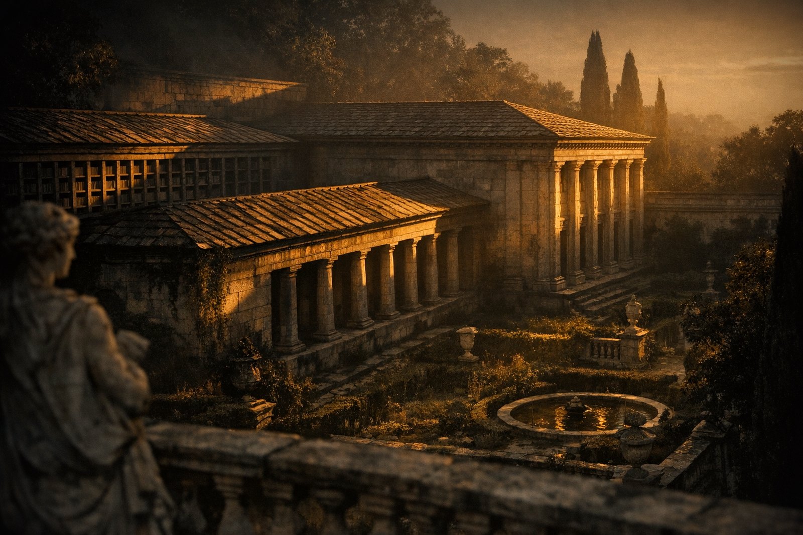 A stone building complex with three distinct wings — an archive wing, a working colonnade, and a formal pilastered wing — joined under one roofline, each casting its own shadow across the courtyard.
