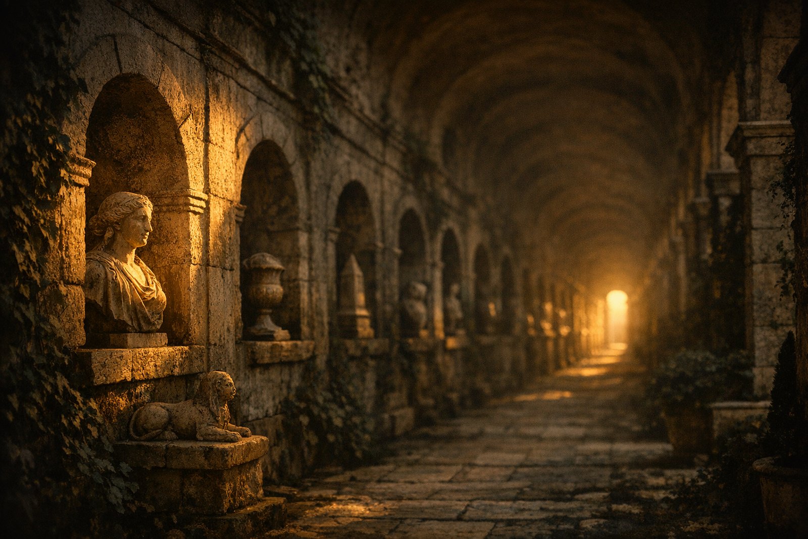 A long stone gallery of individual archive niches, each holding a different object, receding in perspective from full light near the viewer into shadow toward the far end.
