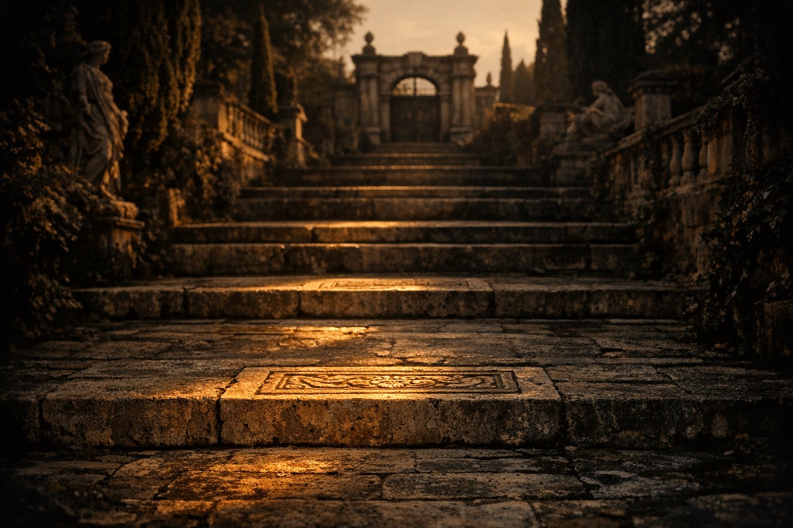 A stone processional ramp ascending through a series of distinct landings toward a gate, each landing threshold catching light while receding into deeper shadow toward the top.