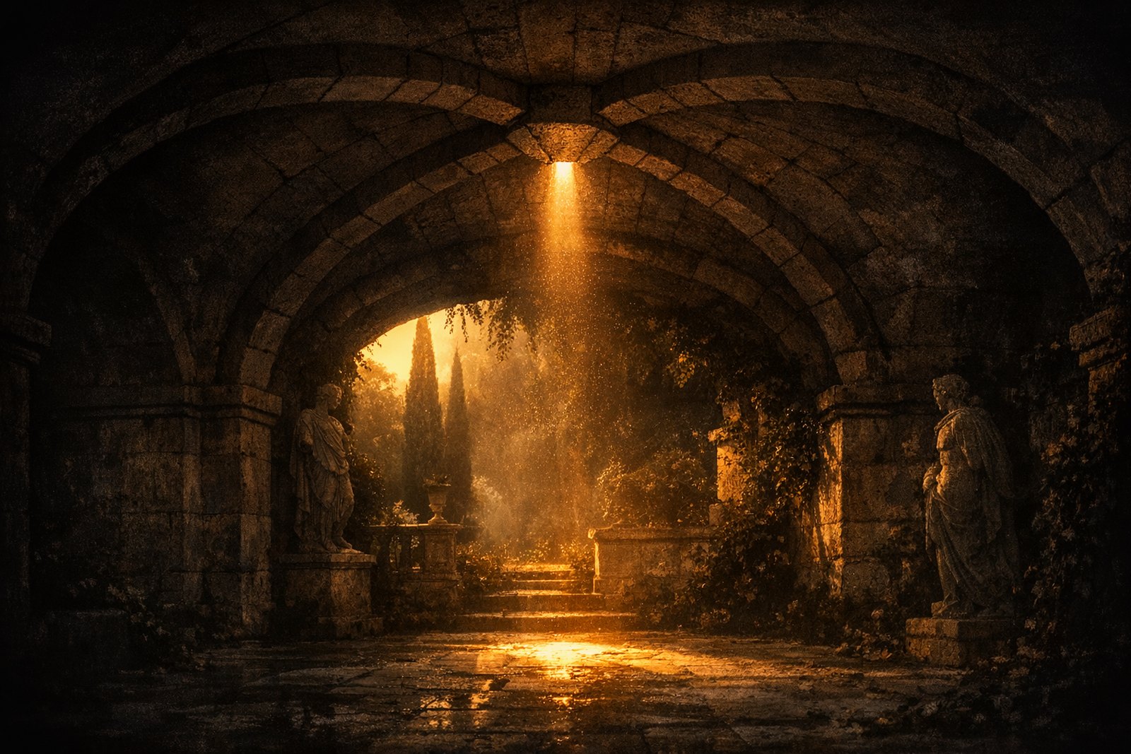 A stone vaulted chamber seen from within, its weight resting on one plain keystone at the apex, a single shaft of light pooling beneath it while the rest of the vault stays in shadow.