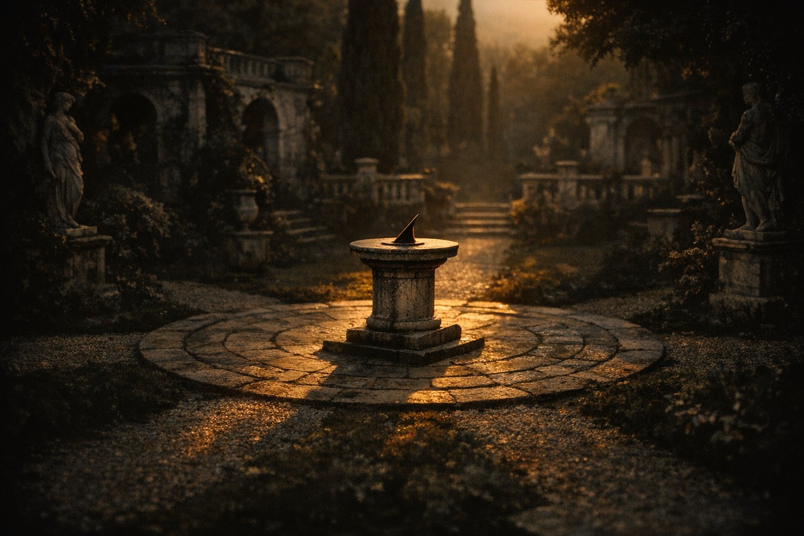 A stone plaza where four garden paths converge at a central sundial, each path receding into shadow in its own direction.