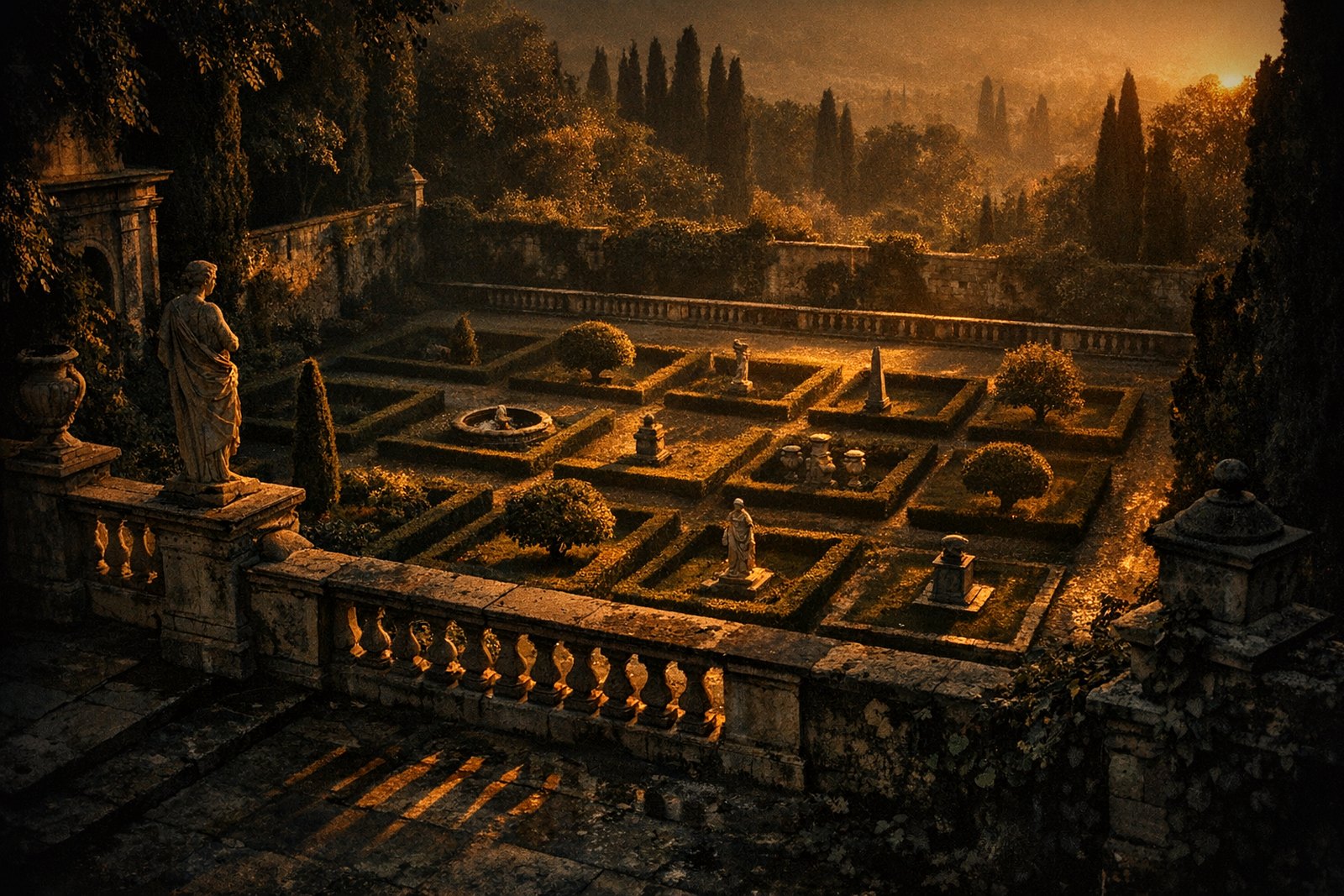 A raised stone terrace overlooking a walled garden divided into fourteen plots by low box hedges, each plot planted differently, one gravel path running the length of the terrace above them, low golden-hour light.